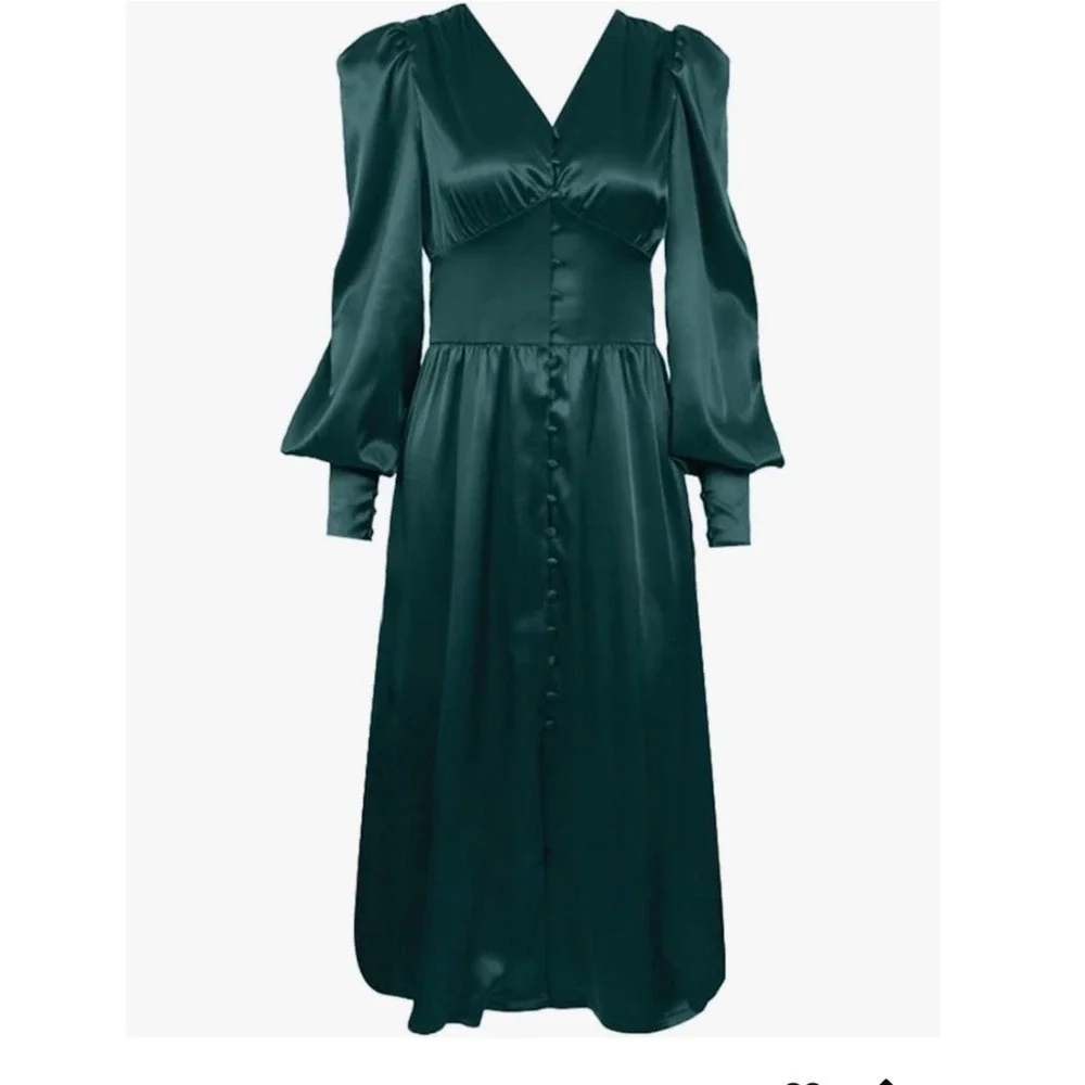 Colon Diana Teal Satin Bishop Sleeve Button Front Midi Dress Womens - Picture 2 of 16